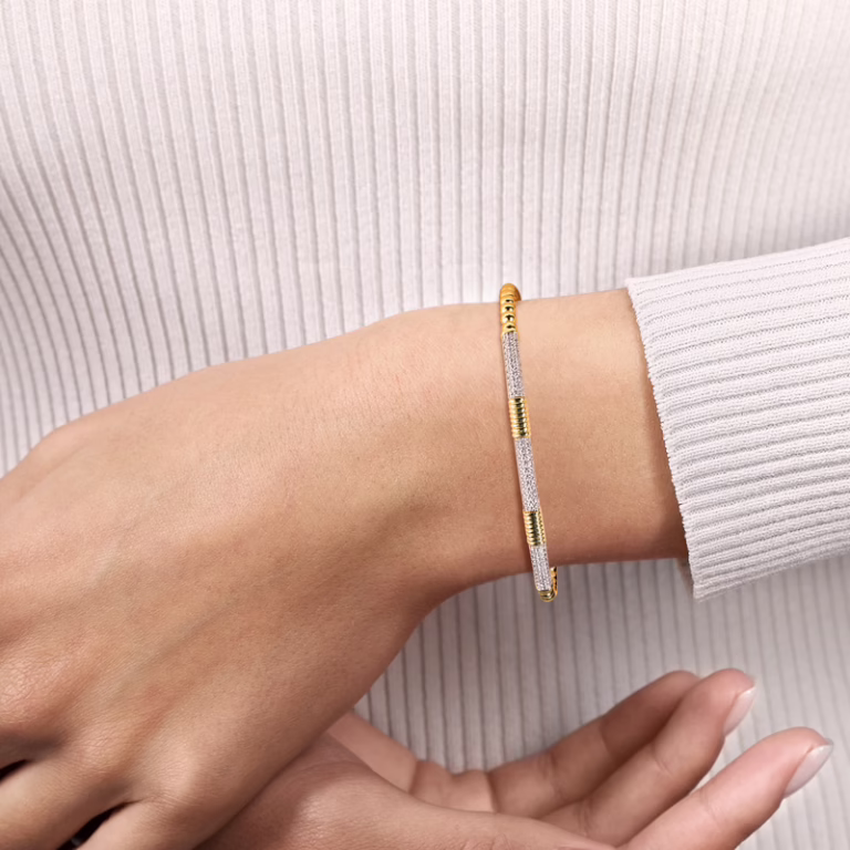 14K Two-Tone Bujukan Bead Bangle with .52ctw Diamonds Size 6 Bracelets 6