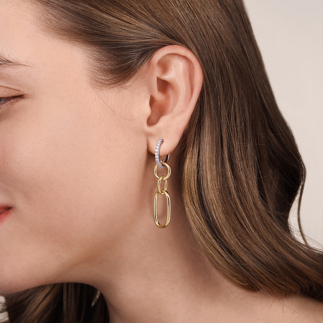 14K Two-Tone Drop Huggies with .35ctw Diamonds Earrings 2