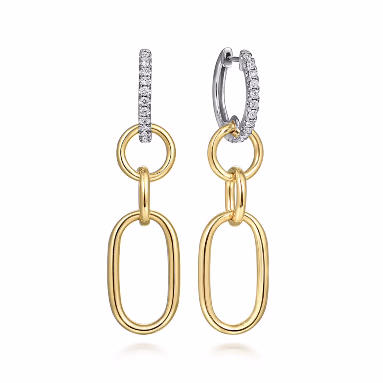 14K Two-Tone Drop Huggies with .35ctw Diamonds Earrings 3