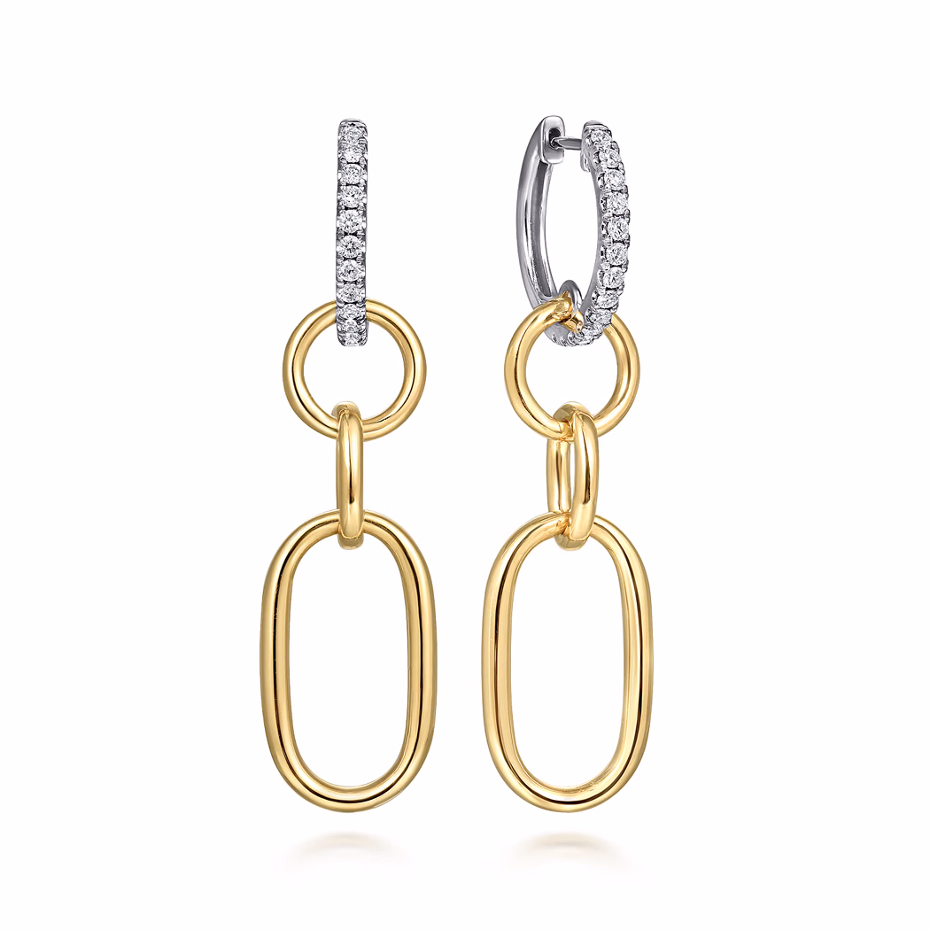 14K Two-Tone Drop Huggies with .35ctw Diamonds Earrings