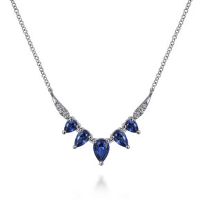 14K White Gold Chevron Bar Necklace with 1.16ctw Sapphires & .06ctw Diamonds