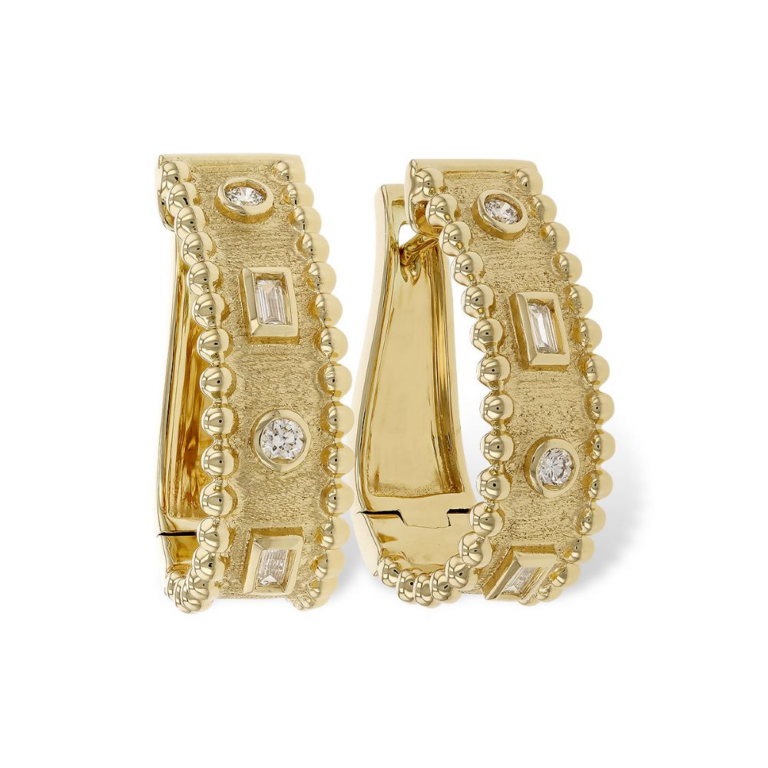 14K Yellow Gold Hoops with .17ctw Baguette & Round Diamonds Earrings 4