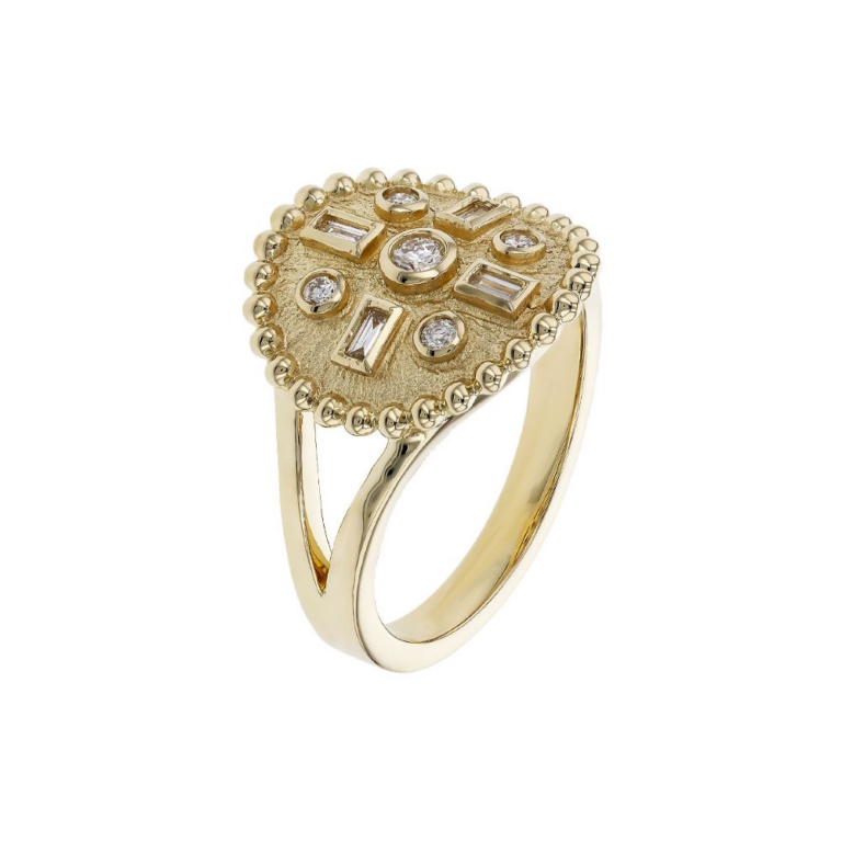 14K Yellow Gold Medallion Ring with .19ctw Baguette & Round Diamonds Size 7 Fine Jewelry 5