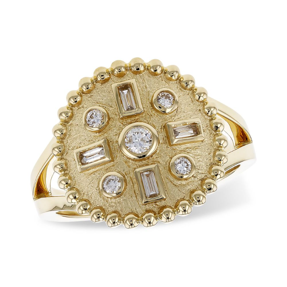 14K Yellow Gold Medallion Ring with .19ctw Baguette & Round Diamonds Size 7 Fine Jewelry