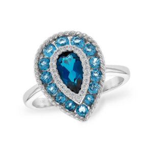 14K White Gold Ring with 1.52ctw Blue Topaz & .08ctw Diamonds Size 7