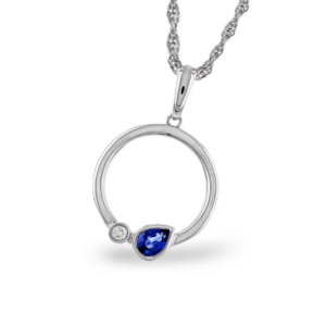 14K White Gold Open Circle Pendant Necklace with .26ct Sapphire & .02ct Diamond 18″