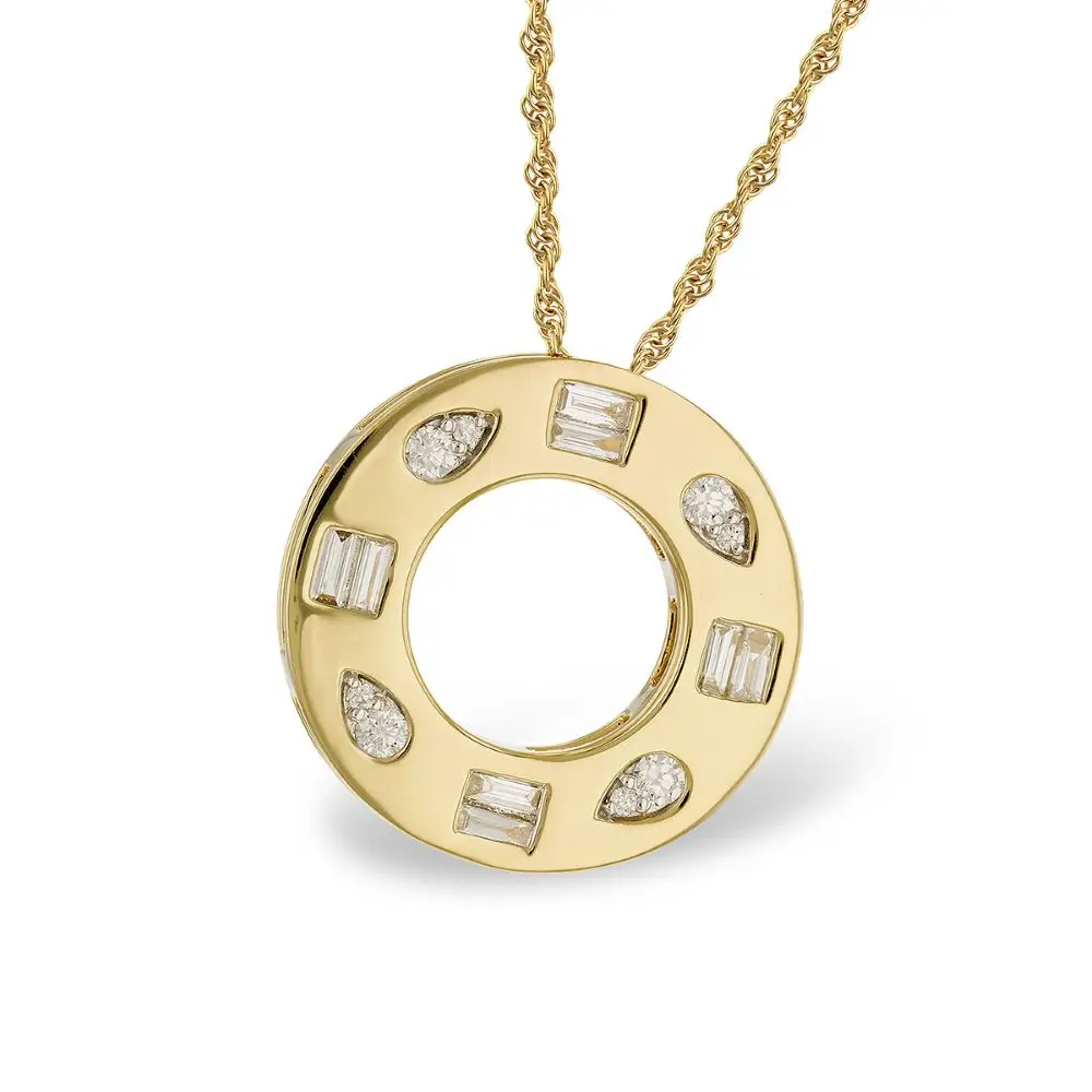 14K Yellow Gold Open Circle Pendant Necklace with .34 Diamonds 18″ Fine Jewelry