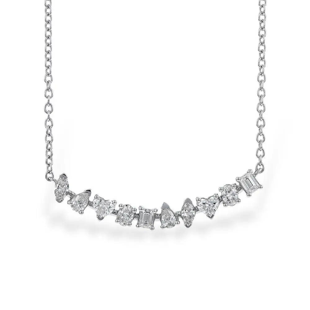 14K White Gold Curved Bar Necklace with .70ctw Fancy Shaped Diamonds 18″ Fine Jewelry