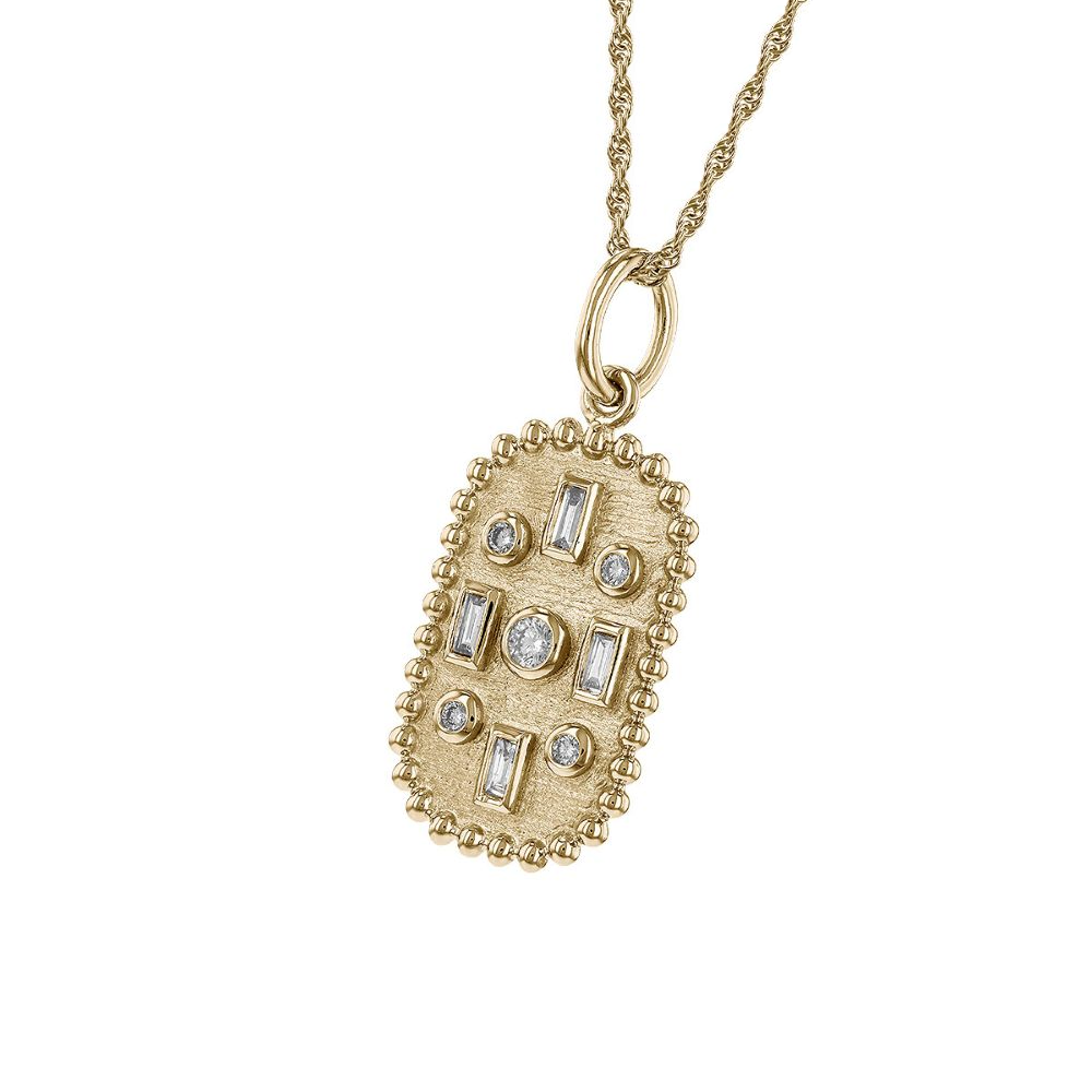 14K Yellow Gold Medallion Pendant Necklace with .23ctw Baguette & Round Diamonds 18″ Fine Jewelry