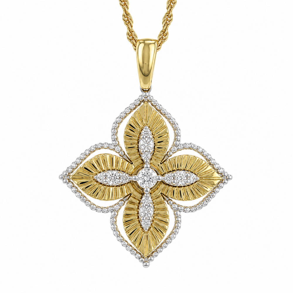 14K Two-Tone Four-Petal Pendant Necklace with .24ctw Diamonds 18″ Fine Jewelry 3