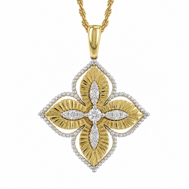 14K Two-Tone Four-Petal Pendant Necklace with .24ctw Diamonds 18″ Fine Jewelry 2