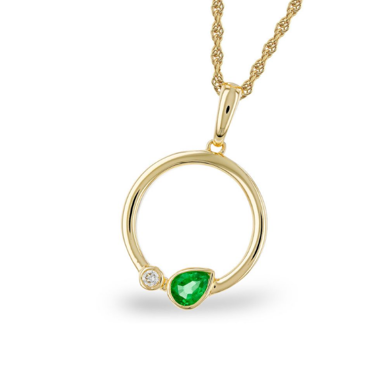 14K Yellow Gold Open Circle Pendant Necklace with .20ct Emerald & .02ct Diamond 18″ Fine Jewelry 2