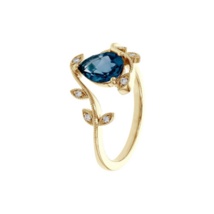 14K Yellow Gold Vine Ring with 1.20ct Pear Topaz & .06ctw Diamonds Size 7