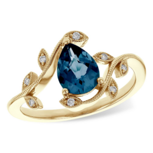 14K Yellow Gold Vine Ring with 1.20ct Pear Topaz & .06ctw Diamonds Size 7