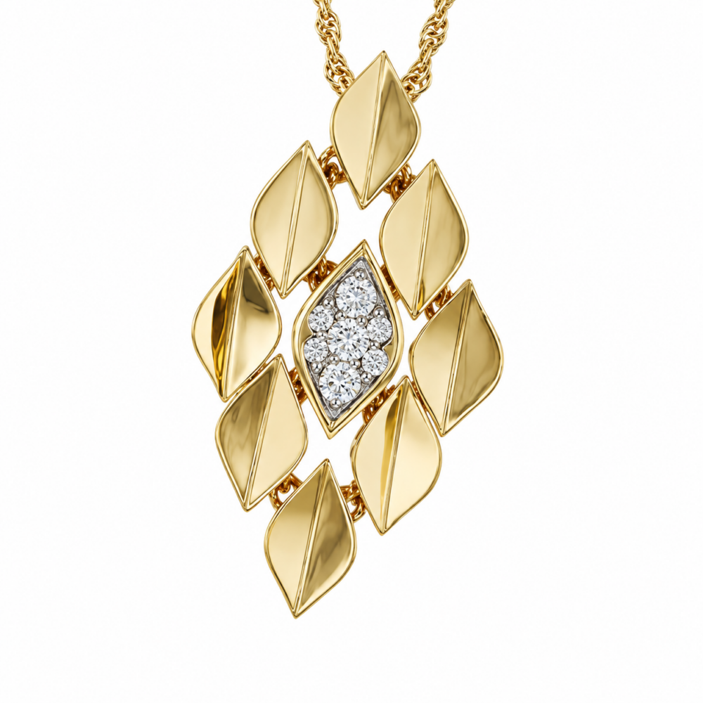 14K Yellow Gold Leaf Motif Pendant Necklace with .15ctw Diamonds 18″ Fine Jewelry 3