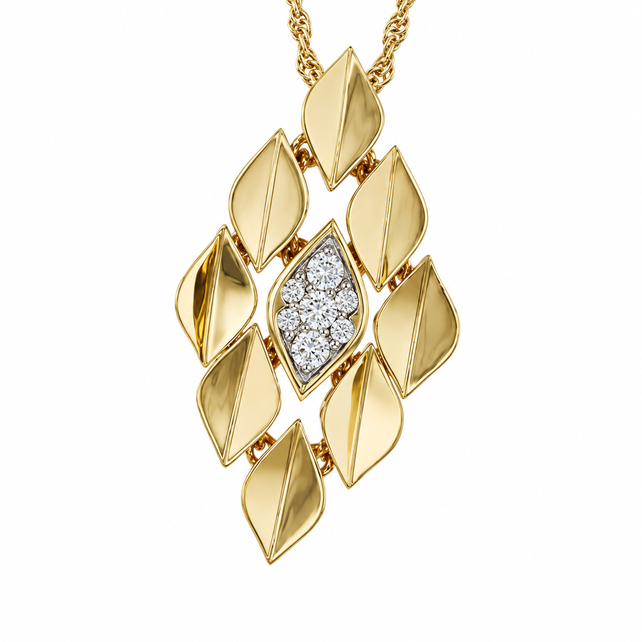 14K Yellow Gold Leaf Motif Pendant Necklace with .15ctw Diamonds 18″ Fine Jewelry